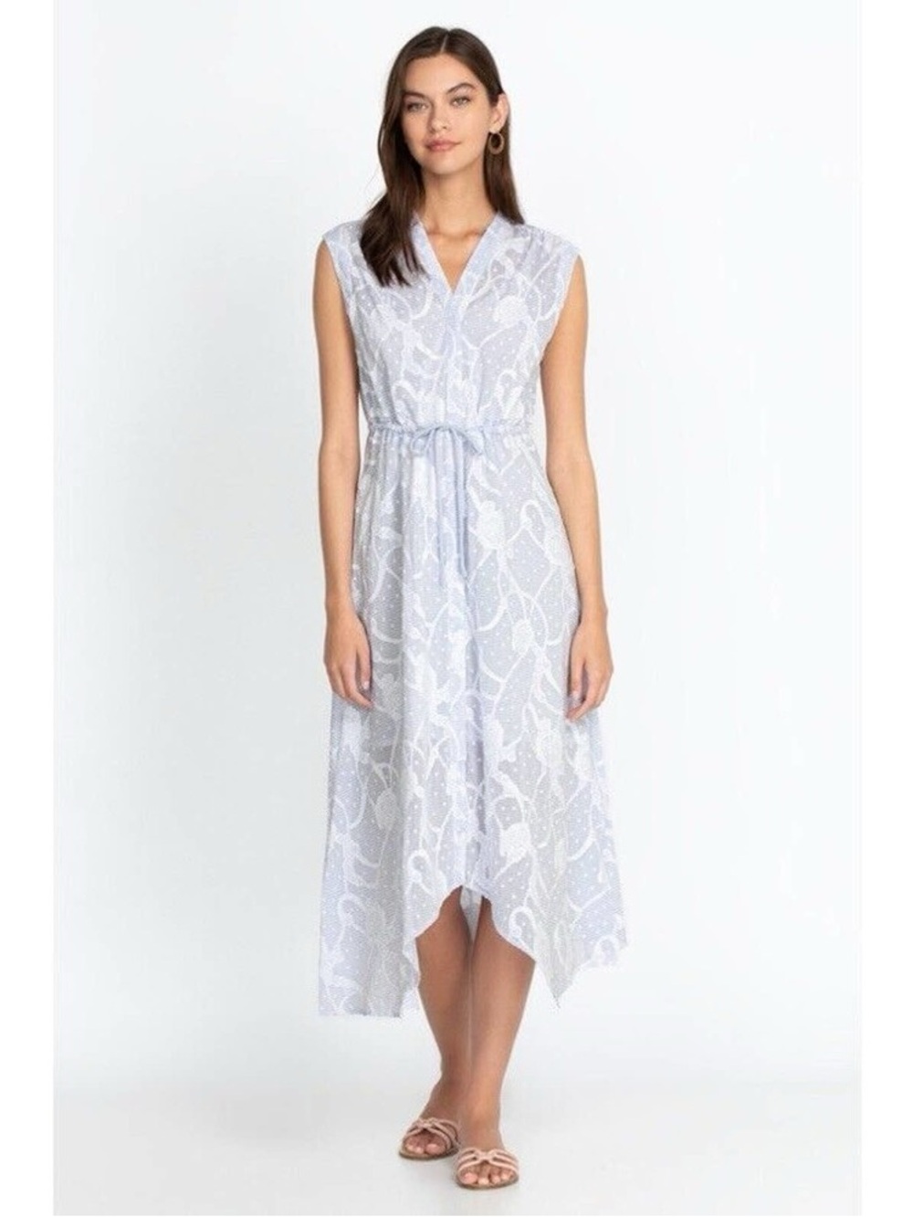 Johnny Was Workshop Flore Seersucker Asymmetrical Embroidered Cotton Midi Dress